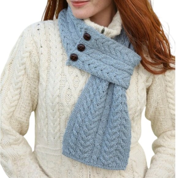 Aran Irish Button Loop Scarf 100% Merino Wool Cable Knit Scarf | Made in Ireland - Picture 2 of 7